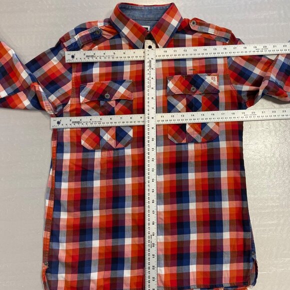 G-Star Raw Men’s Red Blue Plaid Button-Up Shirt Epaulets Size M Streetwear - Picture 14 of 16